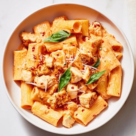 Creamy Spicy Vodka Chicken Pasta showcasing tender chicken and a red sauce, served hot.