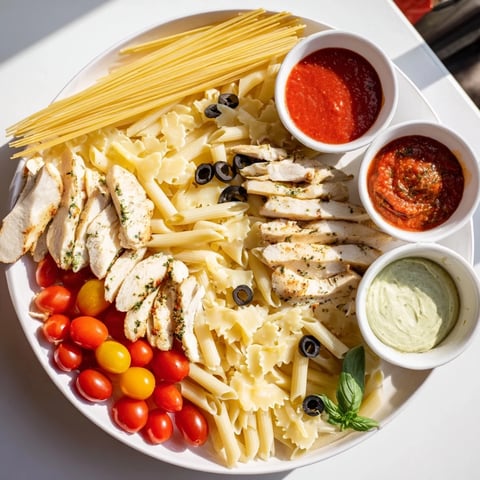 Girl Dinner Pasta Board, a colorful shareable platter with varied pasta shapes, fresh basil, and sauces.
