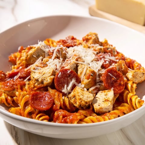 One-Pan Pizza Pasta bubbling hot with melted mozzarella and perfectly browned chicken pieces, ready to serve.