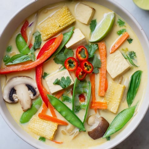 Steaming bowl of Thai Green Curry Coconut Soup, garnished with vibrant cilantro and lime wedges.