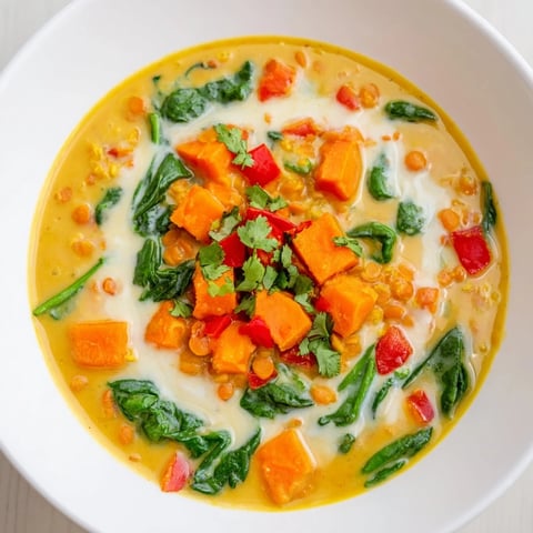 A steaming bowl of flavorful Lentil Red Curry Soup garnished with fresh cilantro and lime wedges.