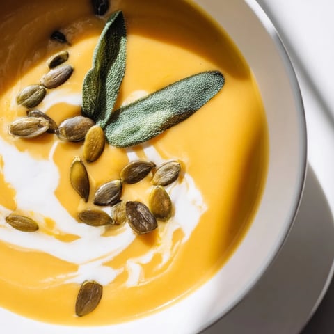Creamy butternut squash soup in a bowl, topped with roasted seeds, perfect fall comfort food.