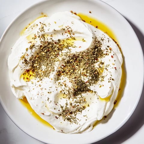 Creamy, homemade Levantine labneh cheese drizzled with olive oil, ready for serving with pita bread.
