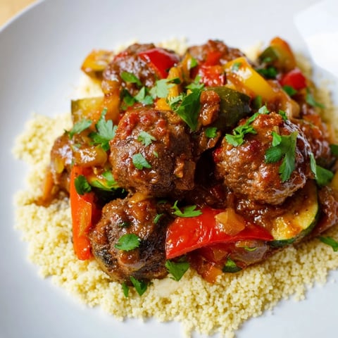 Steaming hot North African Couscous Kefta, with tender meatballs in a rich vegetable sauce, is ready to serve.