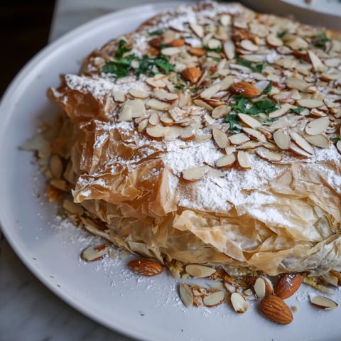 Golden-brown Moroccan Pastilla Pie, filled with savory spiced chicken and a dusting of sweet cinnamon.