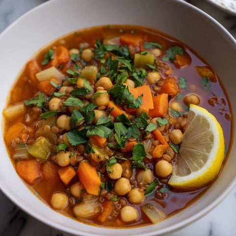 Steaming bowl of North African Harira Soup with vibrant herbs, a comforting, spiced tomato-based stew.