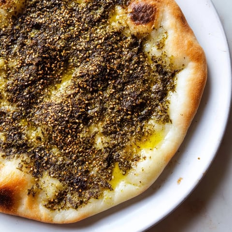 Golden Levantine Zaatar Bread topped with aromatic zaatar spice, looking perfectly baked and delicious.