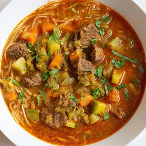 A steaming bowl of Algerian Chorba, featuring tender lamb, vegetables, and aromatic spices ready to be enjoyed.