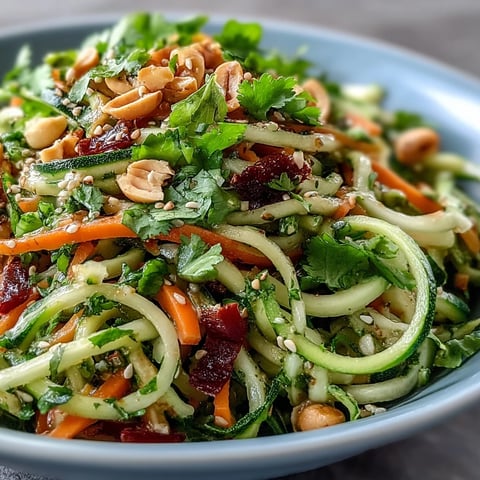 A vibrant bowl of Raw Vegetable Noodle Salad featuring spiralized zucchini, carrots, and red cabbage tossed in a zesty sesame-ginger dressing.  