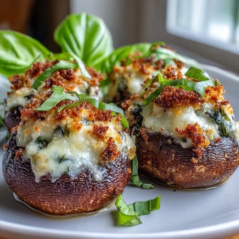 Golden-baked Stuffed Asiago-Basil Mushrooms resting on a rustic wooden board, garnished with fresh basil leaves and ready to serve.