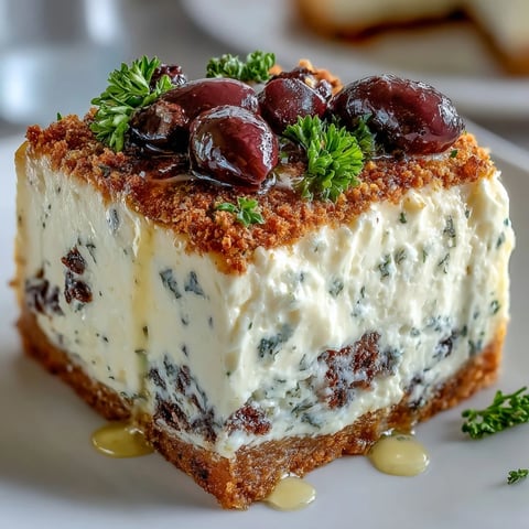 Freshly baked Kalamata Cheesecake Appetizer with a golden breadcrumb crust and sliced olives on top, ready to serve on a wooden board.