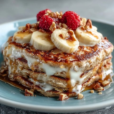 Golden-brown protein pancake bowl topped with creamy Greek yogurt, sliced bananas, fresh berries, and crunchy nuts, drizzled with honey.