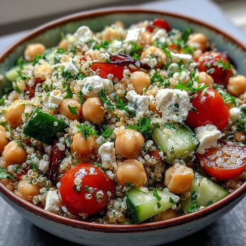 A vibrant bowl of High Protein Quinoa & Chickpea Salad features fluffy quinoa, diced cucumber, and halved cherry tomatoes. Crumbled feta and fresh herbs add a savory finish to this Mediterranean-inspired dish.
