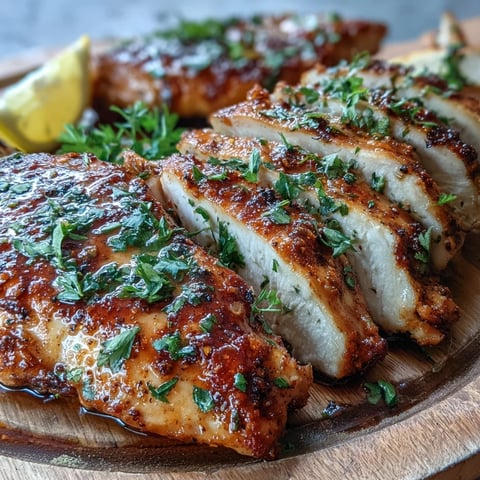 Golden-brown Oven Baked Chicken Breast resting on a baking sheet, garnished with fresh parsley and lemon slices.