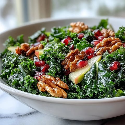 A vibrant Kale and Pomegranate Bowl with tender massaged kale, crisp apple slices, and ruby-red seeds, finished with chopped walnuts for crunch.  