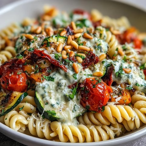 Creamy whole wheat pasta bowl with roasted zucchini, bell peppers, and cherry tomatoes, topped with toasted pine nuts for a satisfying vegetarian dinner.
