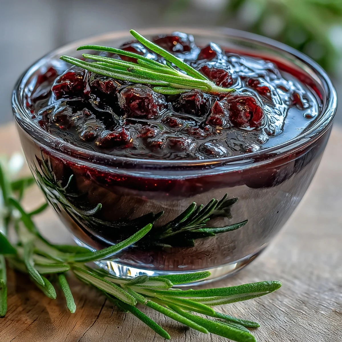 Glossy Black Currant and Rosemary Reduction drizzled over roasted lamb chops, garnished with fresh rosemary sprigs.