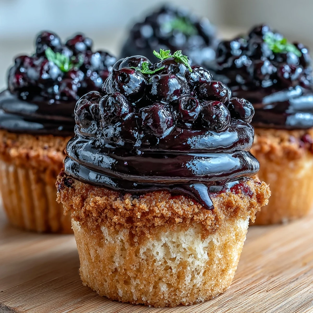 Moist, golden olive oil cupcakes topped with swirls of rich black currant cream cheese frosting for an elegant dessert.