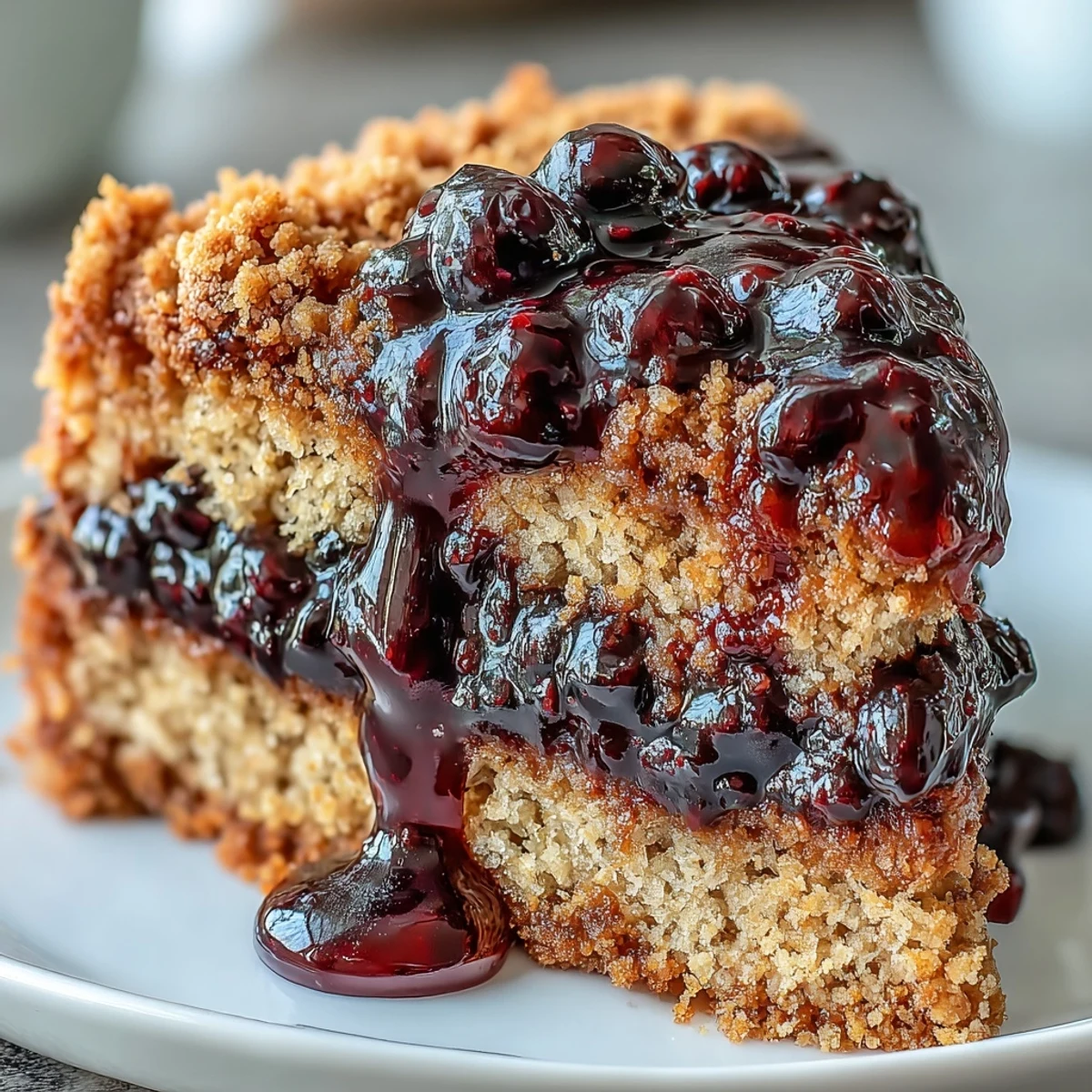 A slice of moist PB and J Cake with Black Currant Sauce on a plate, drizzled with deep purple syrup and served with a glass of milk.