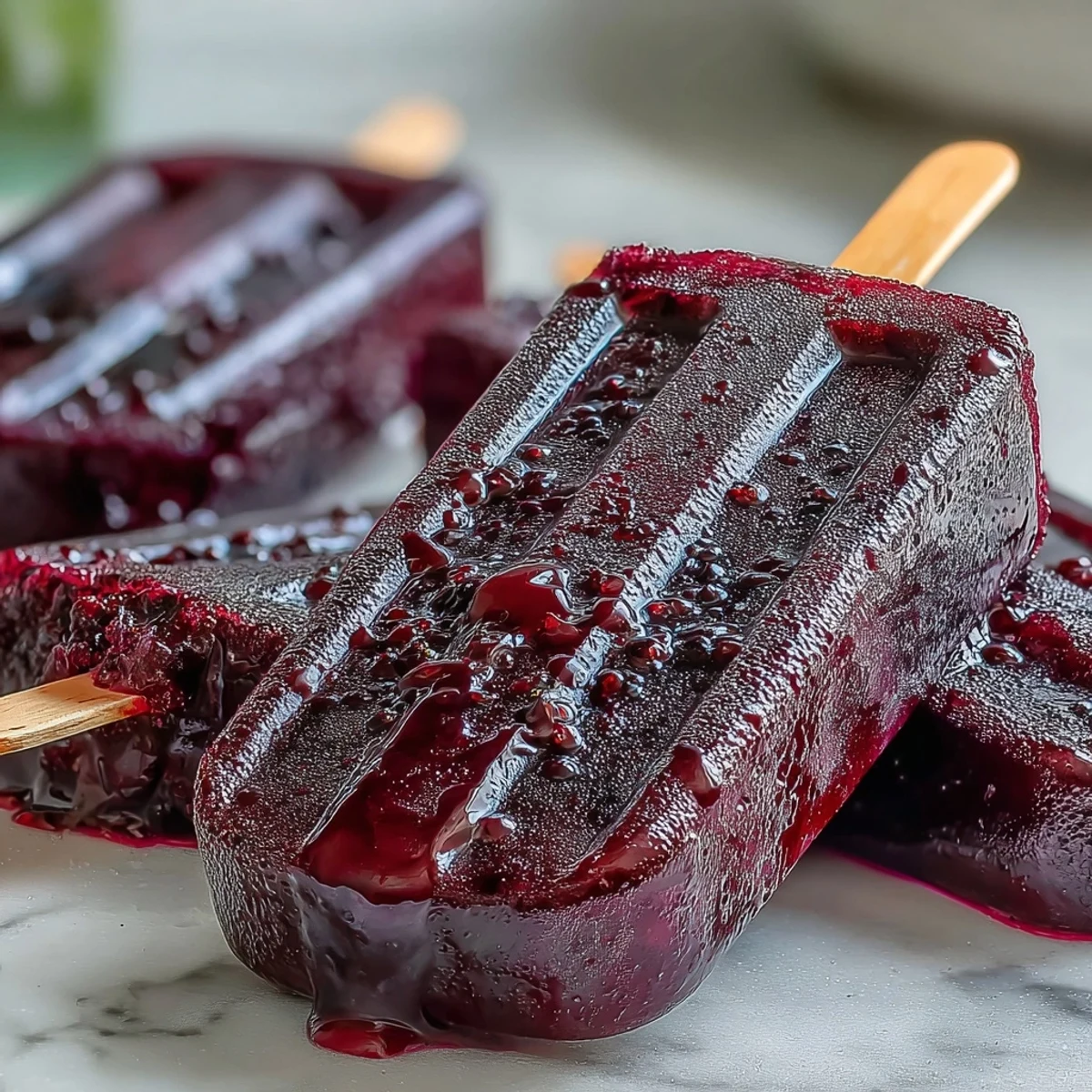 Six vibrant Black Currant Popsicles stand upright in a silver metal mold, showcasing a deep purple hue and glistening icy texture on a bright summer day.