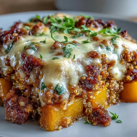 Golden brown Cozy Butternut Squash & Sausage Casserole with melted mozzarella and fresh parsley garnish.