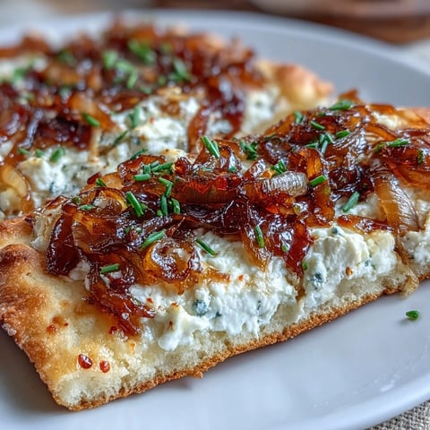 Golden-brown Goat Cheese & Caramelized Onion Flatbread topped with fresh arugula and a honey drizzle.