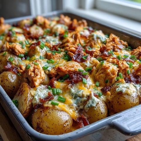 Golden-brown chicken breasts and tender baby potatoes soak up creamy ranch and zesty buffalo sauce in this hearty Buffalo Ranch Chicken Potato Bake.