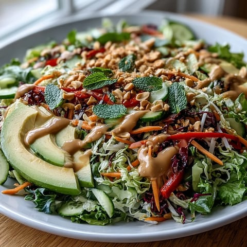 Vibrant Vegan Spring Roll Salad topped with creamy peanut dressing, avocado, and crunchy peanuts for a fresh, healthy meal.