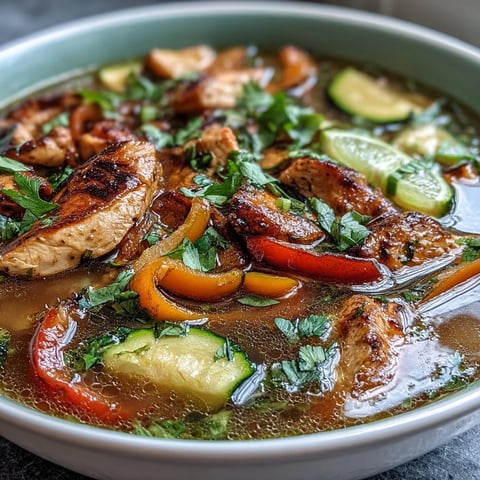 Skinny One-Pot Chicken Fajita Soup with Zucchini and Peppers in a steaming bowl, topped with fresh cilantro and lime wedges.  