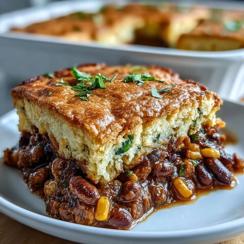 Hearty vegan taco pot pie with black beans and golden cornbread topping, baked until bubbly and fragrant.  