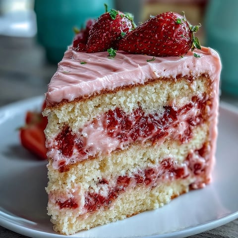 Vibrant pink strawberry lemonade cake with layers of moist lemon cake and fresh strawberry frosting, topped with sliced strawberries and lemon zest.
