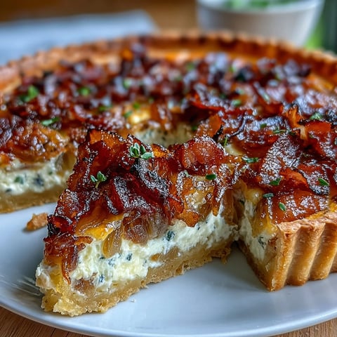 Caramelized onion and bacon quiche with flaky pastry crust and creamy Gruyère custard.  