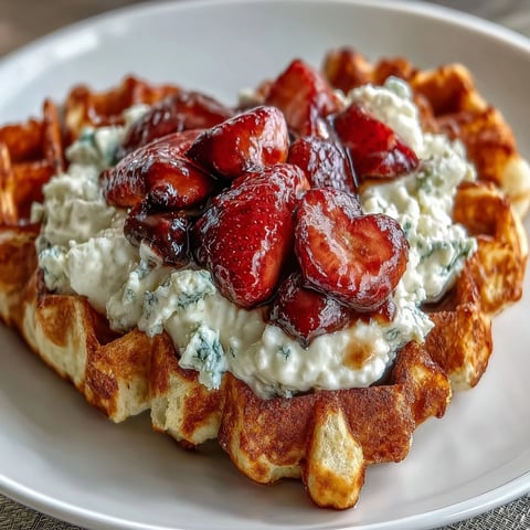 Fluffy heart-shaped waffles drizzled with a smooth cottage cheese whip and topped with juicy, macerated strawberries for a protein-packed breakfast.