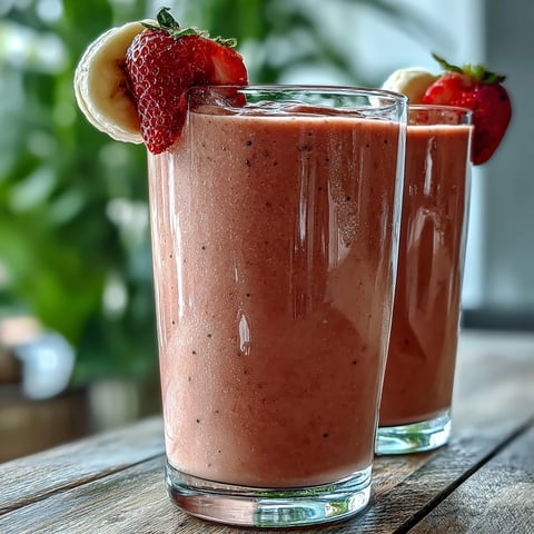 1. A vibrant strawberry banana protein smoothie with chia seeds, blended until creamy and garnished with fresh fruit slices for a healthy breakfast boost.  