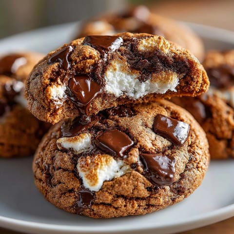 Close-up of Spiced Hot Chocolate Cookies, showing melted marshmallow oozing from a decadent, spiced chocolate cookie.