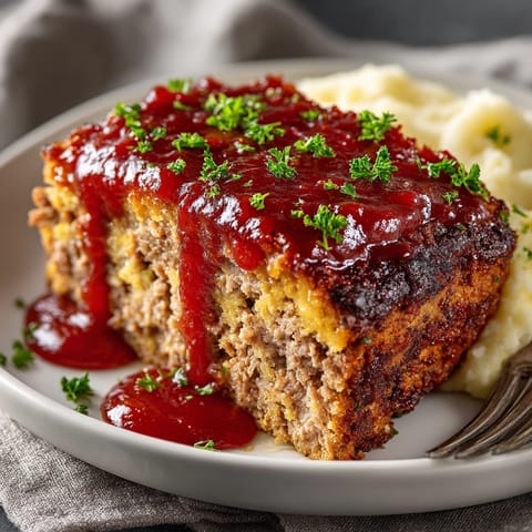 Warm, savory Old-Fashioned Meatloaf with a rich, tangy tomato gravy, ready to serve.