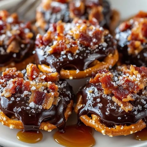 Crunchy Maple Bacon Chocolate Pretzel Bites, plated as dessert with crumbled bacon garnish.