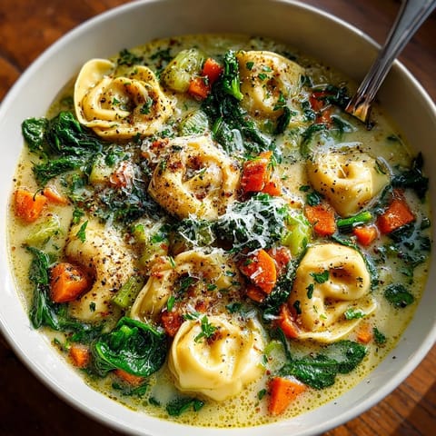 A warming Creamy Spinach Tortellini Soup recipe, garnished with Parmesan cheese and fresh basil.