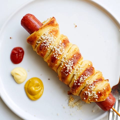 Savory TikTok-Inspired Hot Dog Skewers on a baking sheet, ready to be dipped in mustard.