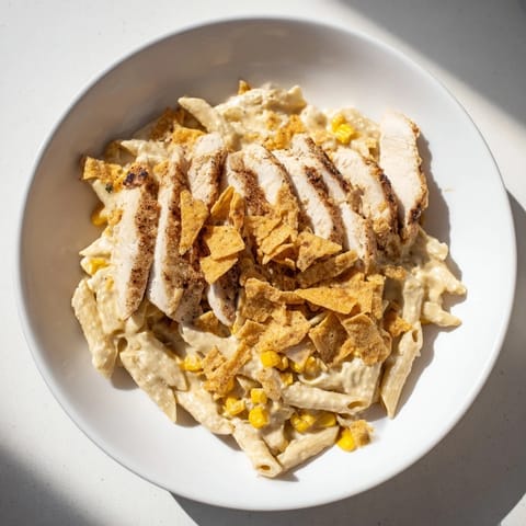 Delicious smoky Chicken Alfredo with penne, sweet corn, and vibrant seasonings.  
