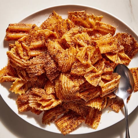 Golden baked pasta chips in a bowl, ready to serve with your favorite dip.  