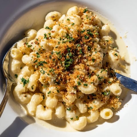 Decadent truffle macaroni and cheese topped with crispy panko breadcrumbs, perfect for dinner.  