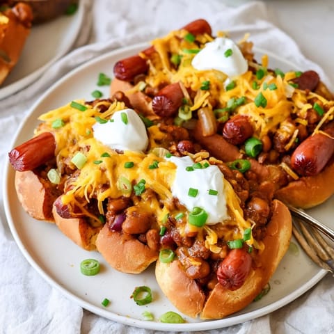 Warm, savory Chili Dog Casserole topped with melted cheese and fresh chives for flavor.  
