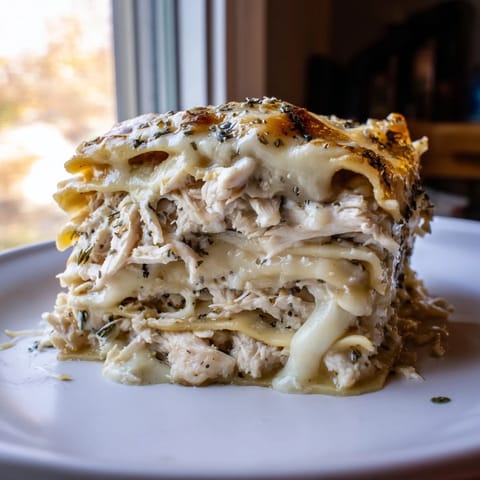 Melting mozzarella and parmesan atop layered Rosemary Chicken Lasagna in a baking dish.