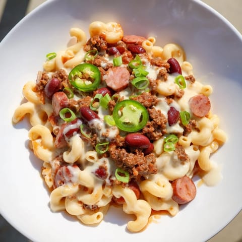 Creamy, cheesy Chili Cheese Dog Mac & Cheese, with a golden, bubbly top and a savory aroma.