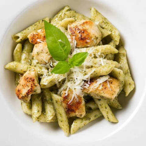 Al dente penne pasta surrounded by a creamy pesto sauce, served with golden chicken; a delicious meal.