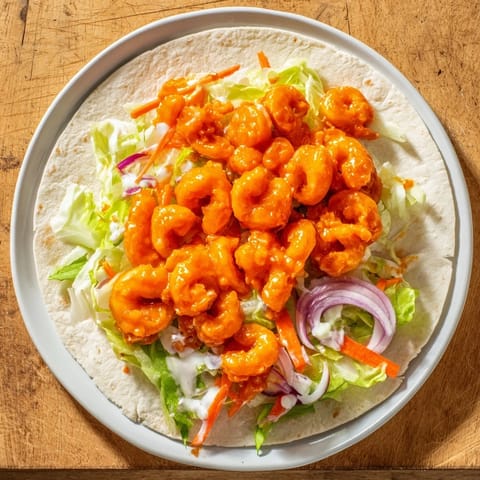 Freshly assembled Buffalo Shrimp Wraps showcase juicy shrimp, creamy ranch, and crunchy vegetables perfect for lunch.