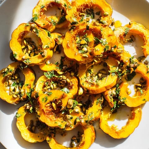 Roasted delicata squash rings, a sweet and savory vegetarian dish ready to serve and enjoy.
