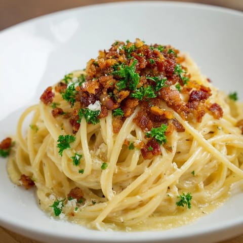 A close-up of creamy Garlic Butter Pasta shows perfectly cooked pasta, ready to be enjoyed.