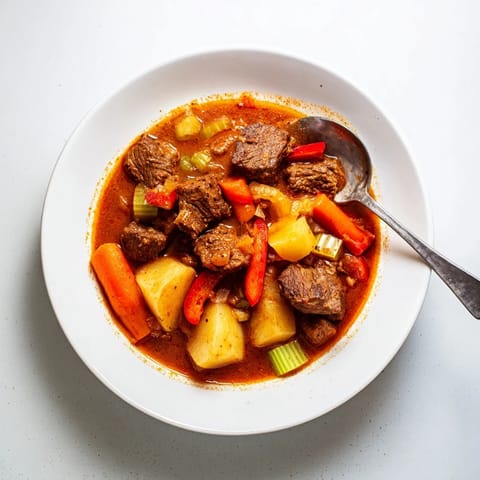 This comforting Smoked Paprika & Garlic Beef Stew showcases chunks of beef in a deep, flavorful broth.